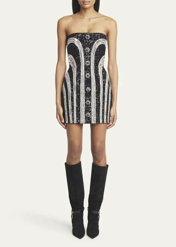 Balmain o1s1wg110725 Sequin Bustier Stripe Mini Dress in Black Size XL / US 12-14 / IT 48-50 - 2 Thumbnail
