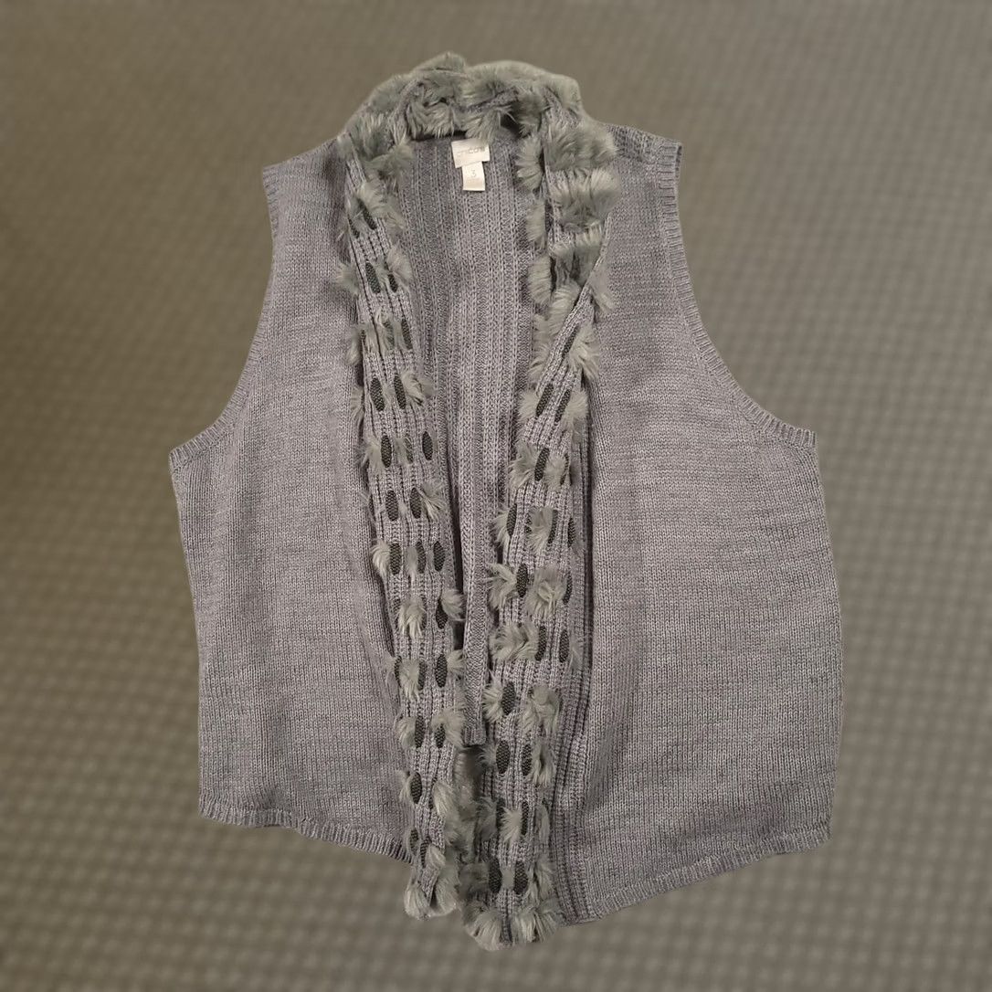 Vintage Chico’s Grey Fringe Detail Sleeveless Cardigan Sweater XL Women Size XL / US 12-14 / IT 48-50 - 1 Thumbnail
