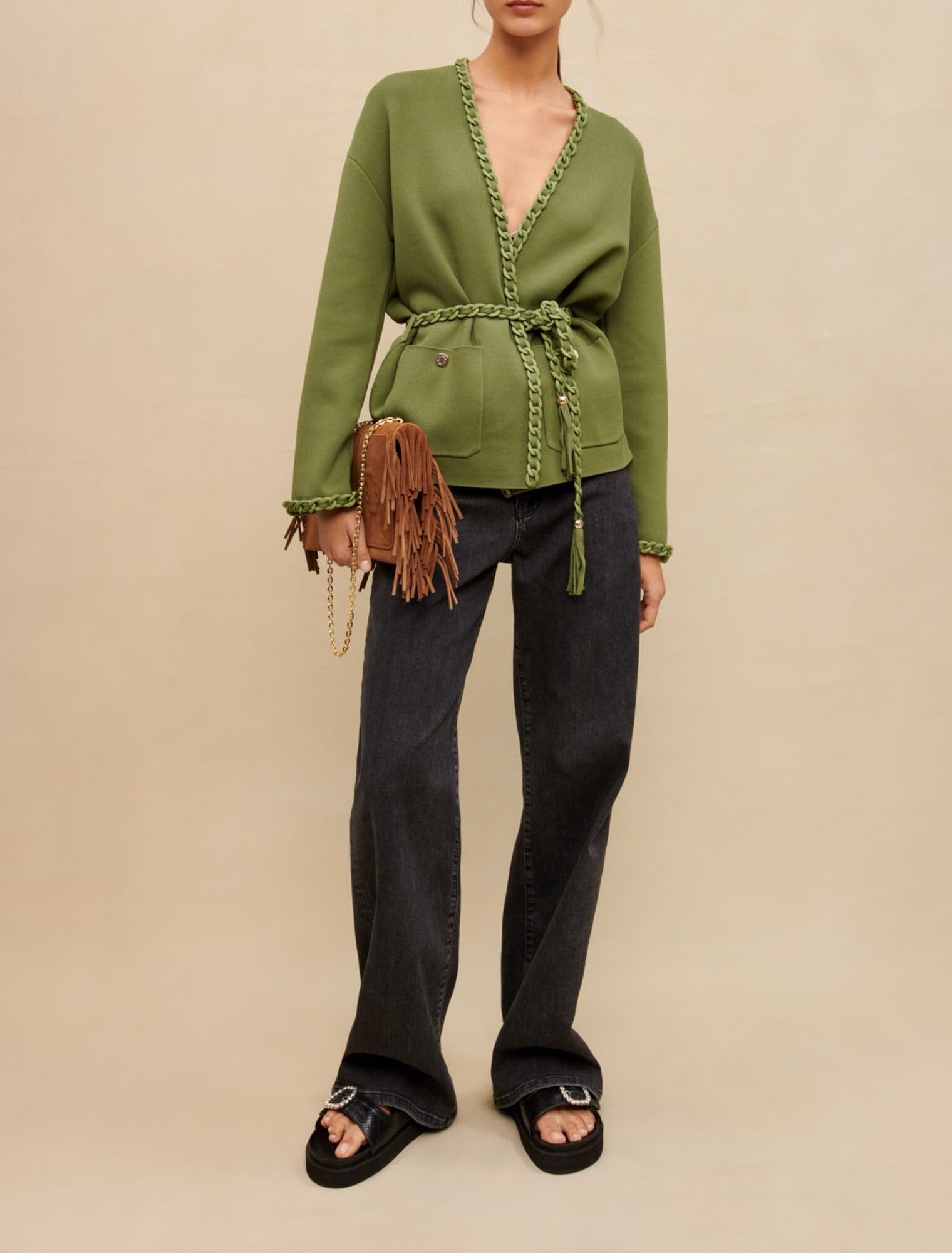 Maje Maje Green Cardigan with Braided Trim Size 3/L Size L / US 10 / IT 46 - 5 Thumbnail