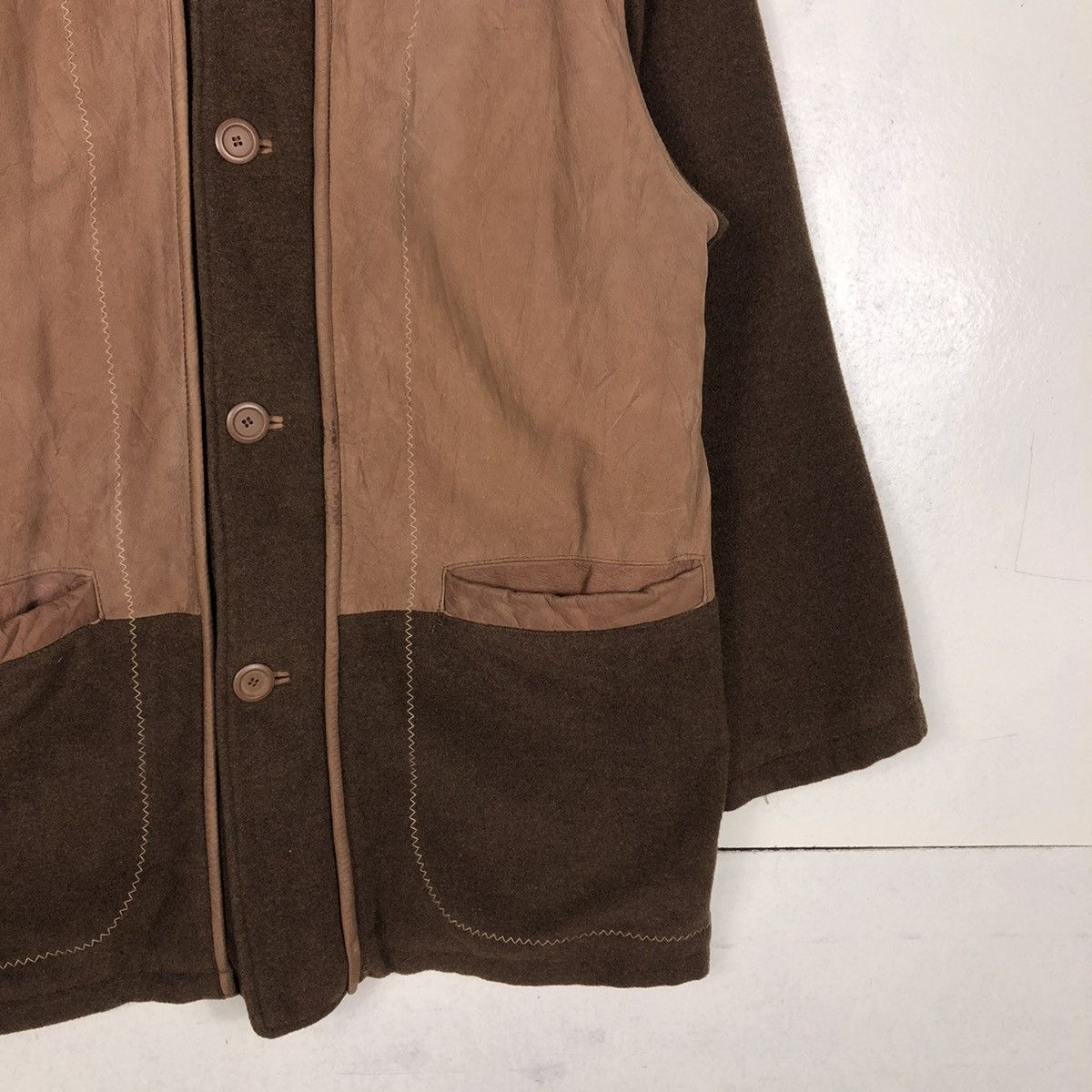 Vintage 📌 WOOL CHORE LEATHER COLLAR JACKET BLUE EFORST ISSEY MIYAKE Size US M / EU 48-50 / 2 - 7 Thumbnail