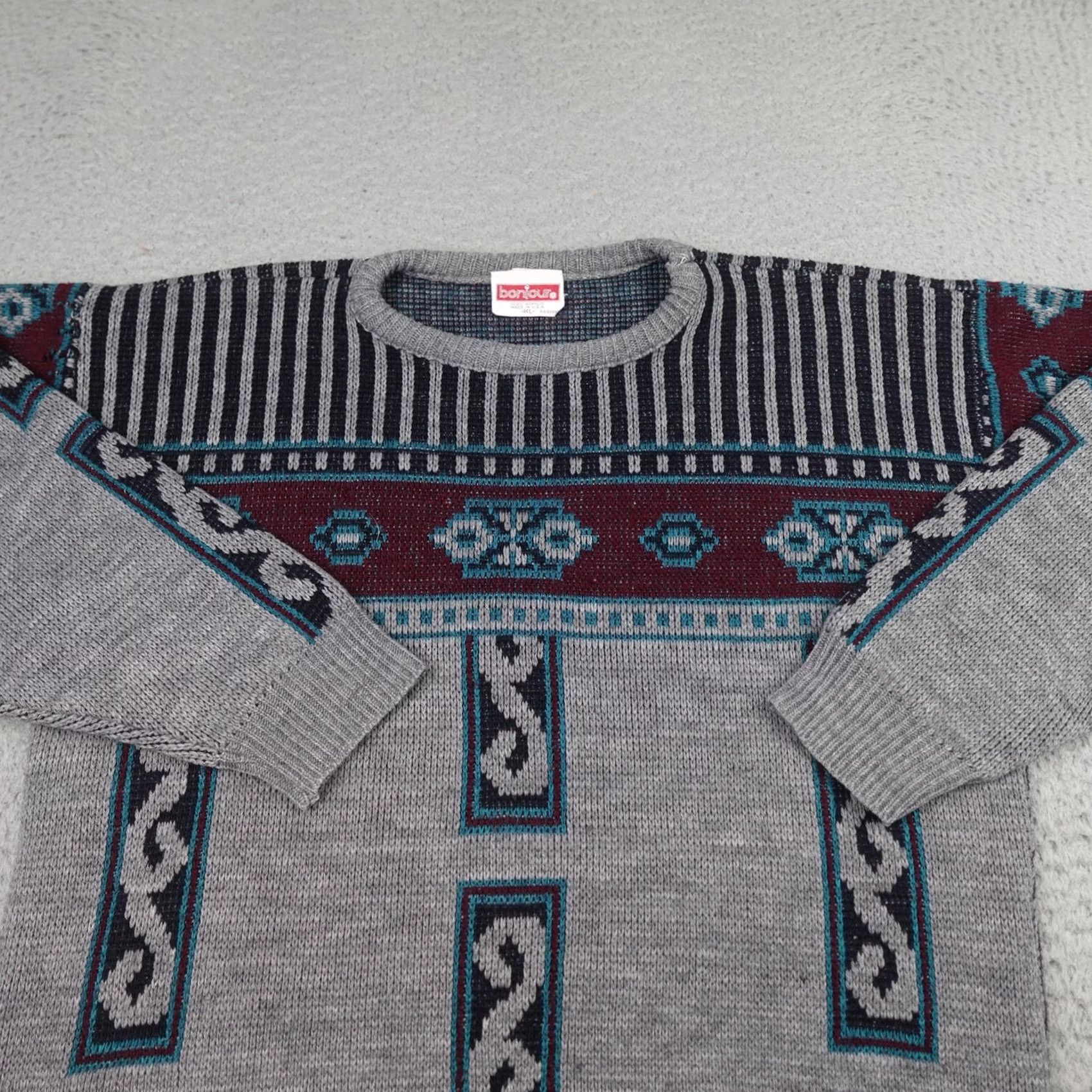 Vintage VINTAGE Bonjour Sweater Mens XL Gray Geometric Acrylic Pullover Made USA 90s Size US XL / EU 56 / 4 - 4 Thumbnail