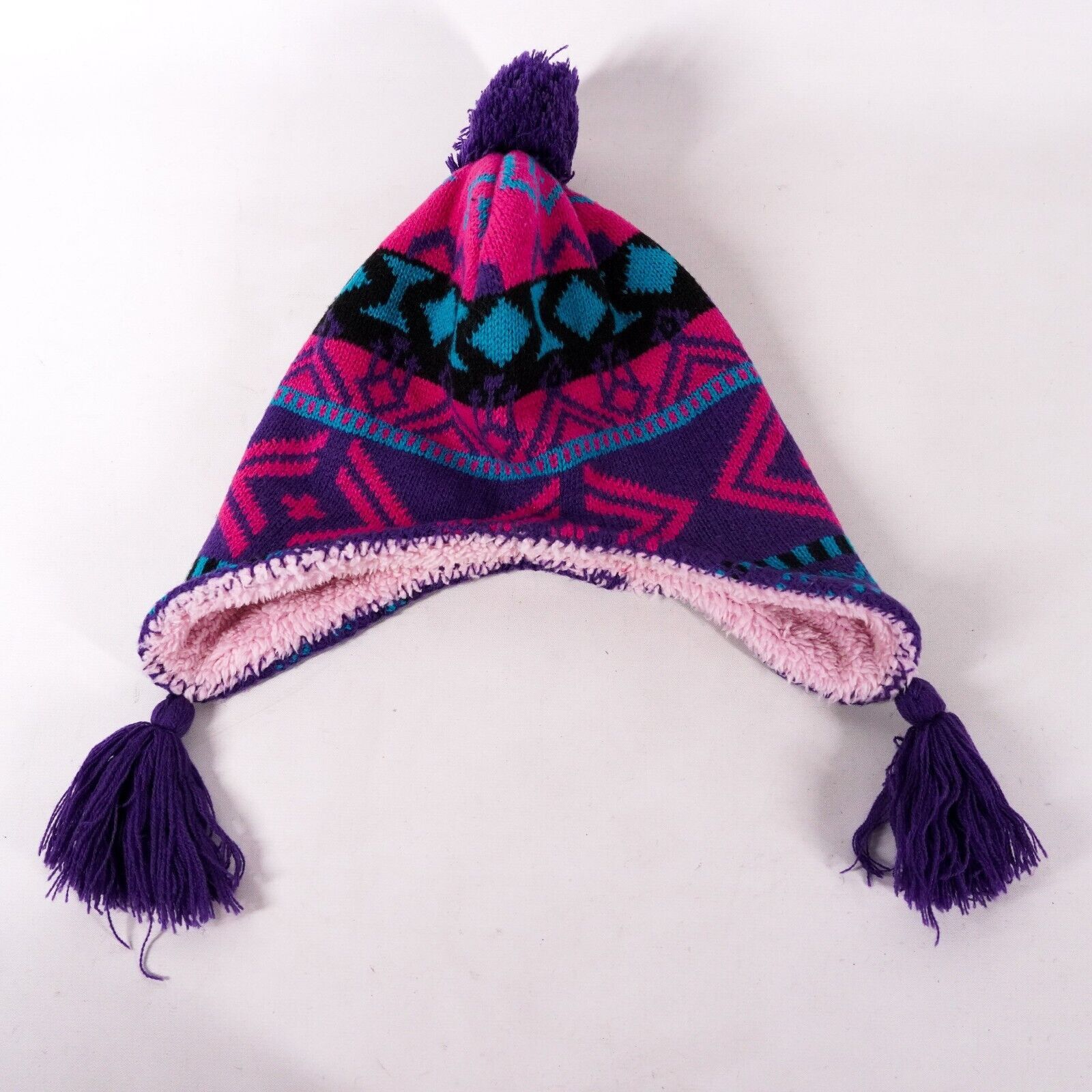 Pink Mosaic Fuzzy Knitted Beanie Cap Outdoor Winter Hat Pink Size ONE SIZE - 2 Thumbnail