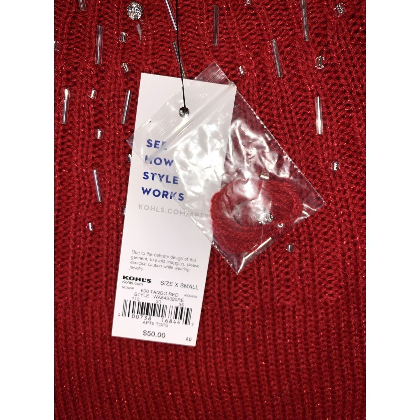 Apt. 9 Apt. 9 Women’s XS Red Silver Beaded Collar Knit Sweater NWT Party/Holiday Pullover, Collared, Long Sleeve, Tight-Knit, Knitwear, Fall Winter, Womens Size XS / US 0-2 / IT 36-38 - 2 Thumbnail