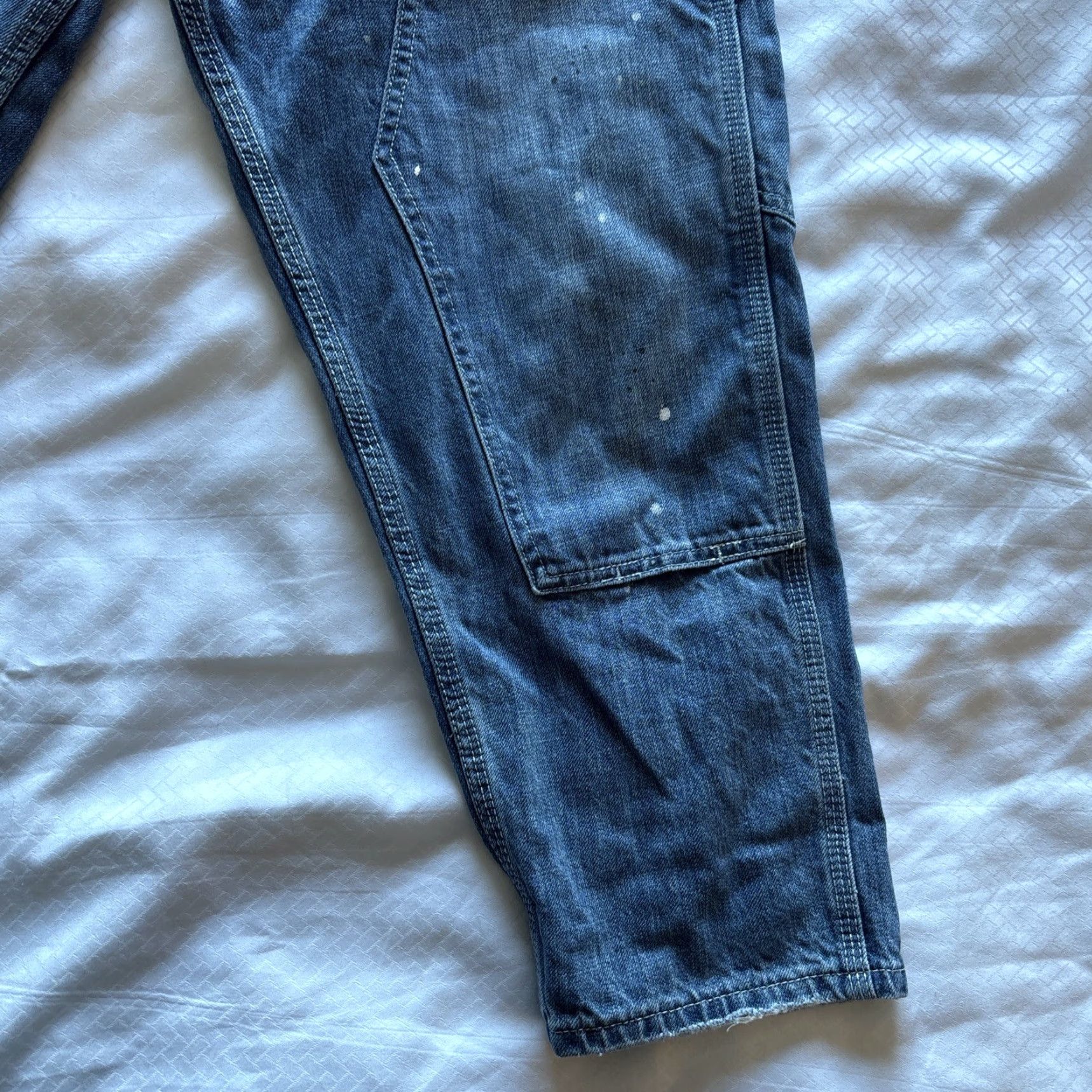 Doublet MDNS Madness Jeans Double Knee Faded Painted Distressed Suspenders Large Mens Jeans Distressed Blue 24in Inseam L Regular, Tapered, Pre-owned Size US 33 - 2 Thumbnail