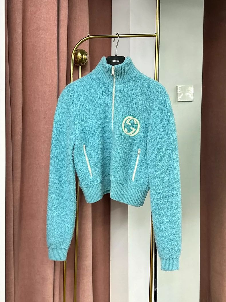 Gucci Blue letter double G big logo zipper sweater coat