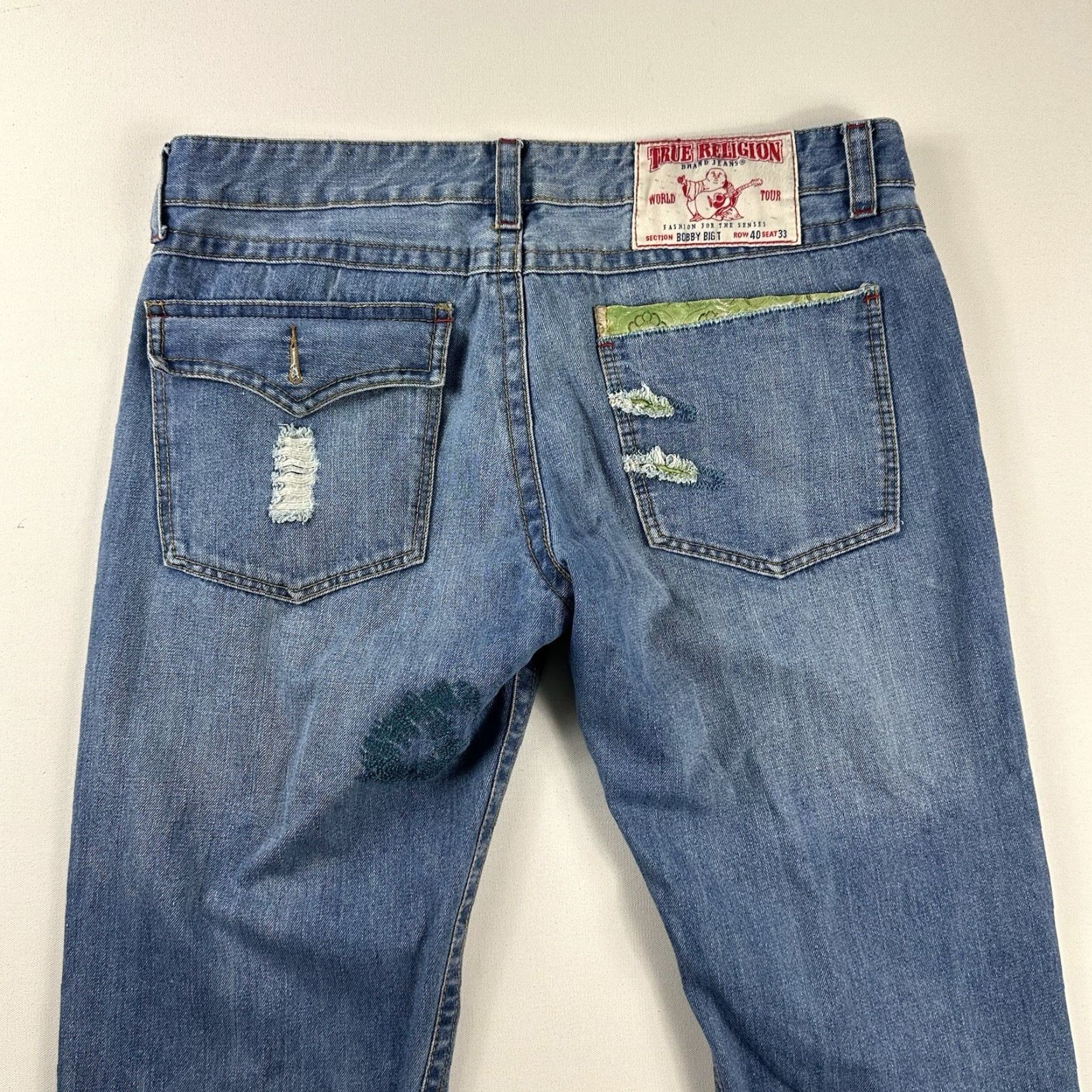 True Religion Jeans Distressed Baggy Straight 40x33 Mens Blue Hip Hop 5-Pocket Denim Y2K World Tour Bobby Big T