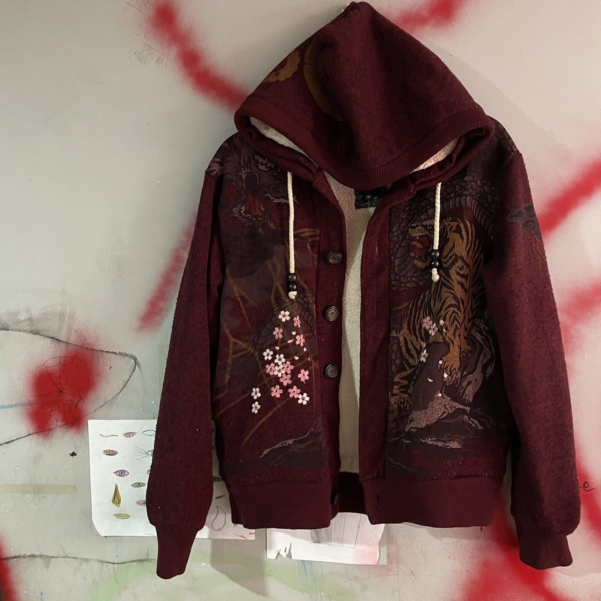 image of Avant Garde x Vintage Japanese Knitted Fur Overall Print Hoodie in Maroon, Men's (Size Medium)