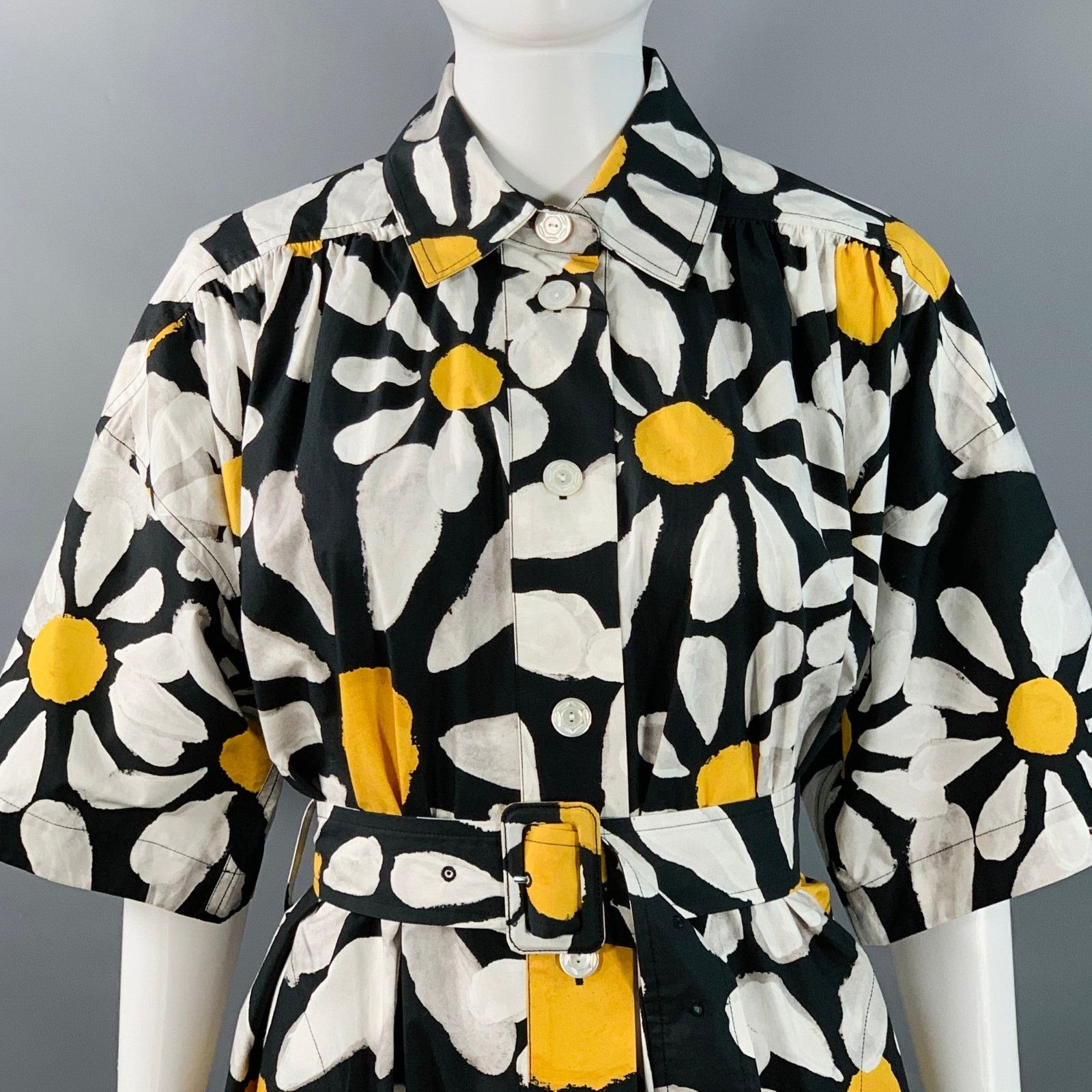 Marni Euphoria Black White Yellow Poplin Floral Pockets Belted Size XS / US 0-2 / IT 36-38 - 2 Thumbnail