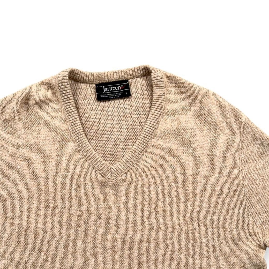Jantzen VINTAGE Jantzen Sweater Adult LARGE Brown Heather Oatmeal Knit Vneck USA 80s Mens Size US L / EU 52-54 / 3 - 2 Thumbnail