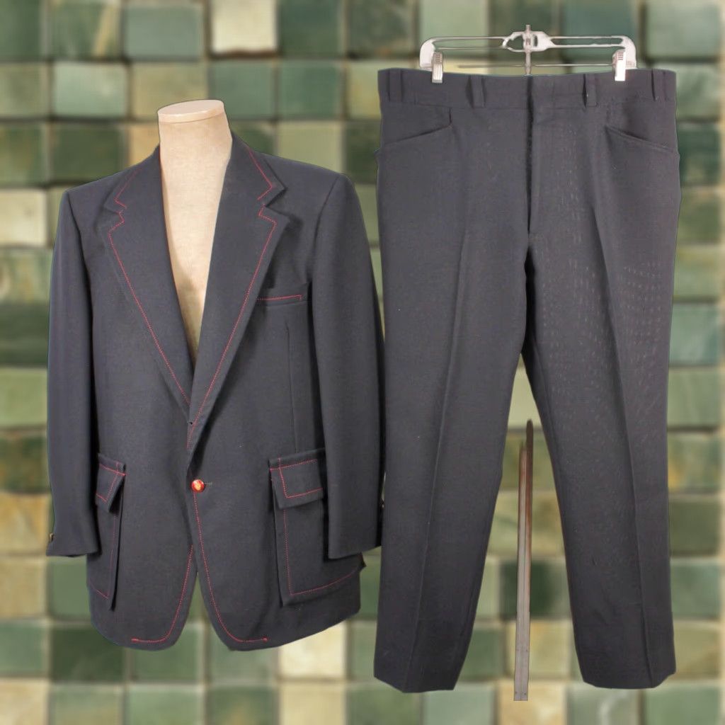 Vintage VINTAGE Mens VTG 70s 2 PC Navy Blue & Red Leisure Suit W Tie Sz L Polyester 1970s Size 42R - 1 Thumbnail