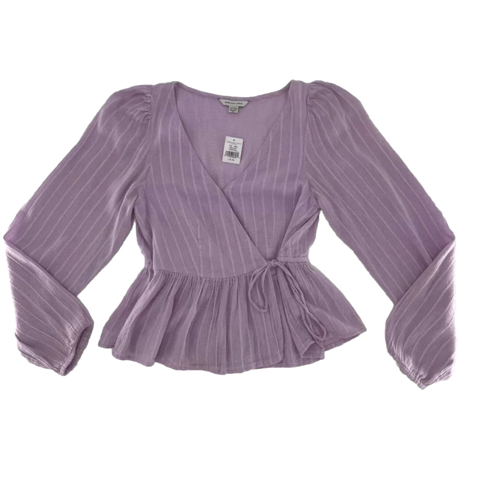Vintage NWT American Eagle Cropped Lavender Puff Slv V-Neck Faux Wrap Boho Cottage Sz XS Blouse Shirt Womens Puff Sleeve Tie Front Solid Cotton Blend Viscose Size XS / US 0-2 / IT 36-38 - 3 Thumbnail