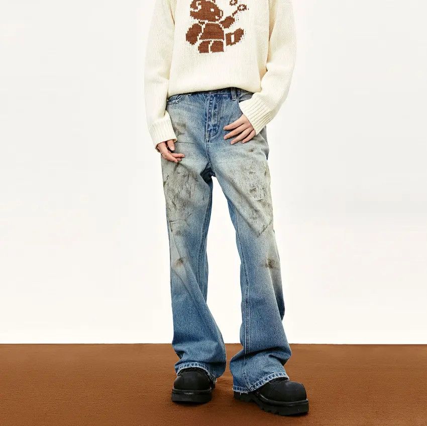 Designer × Japanese Brand Street mud-dyed washed distressed straight-leg jeans Size US 32 / EU 48 - 1 Thumbnail