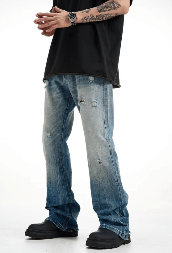 Jean American men's retro flared gradient washed ripped jeans Size US 32 / EU 48 - 3 Thumbnail