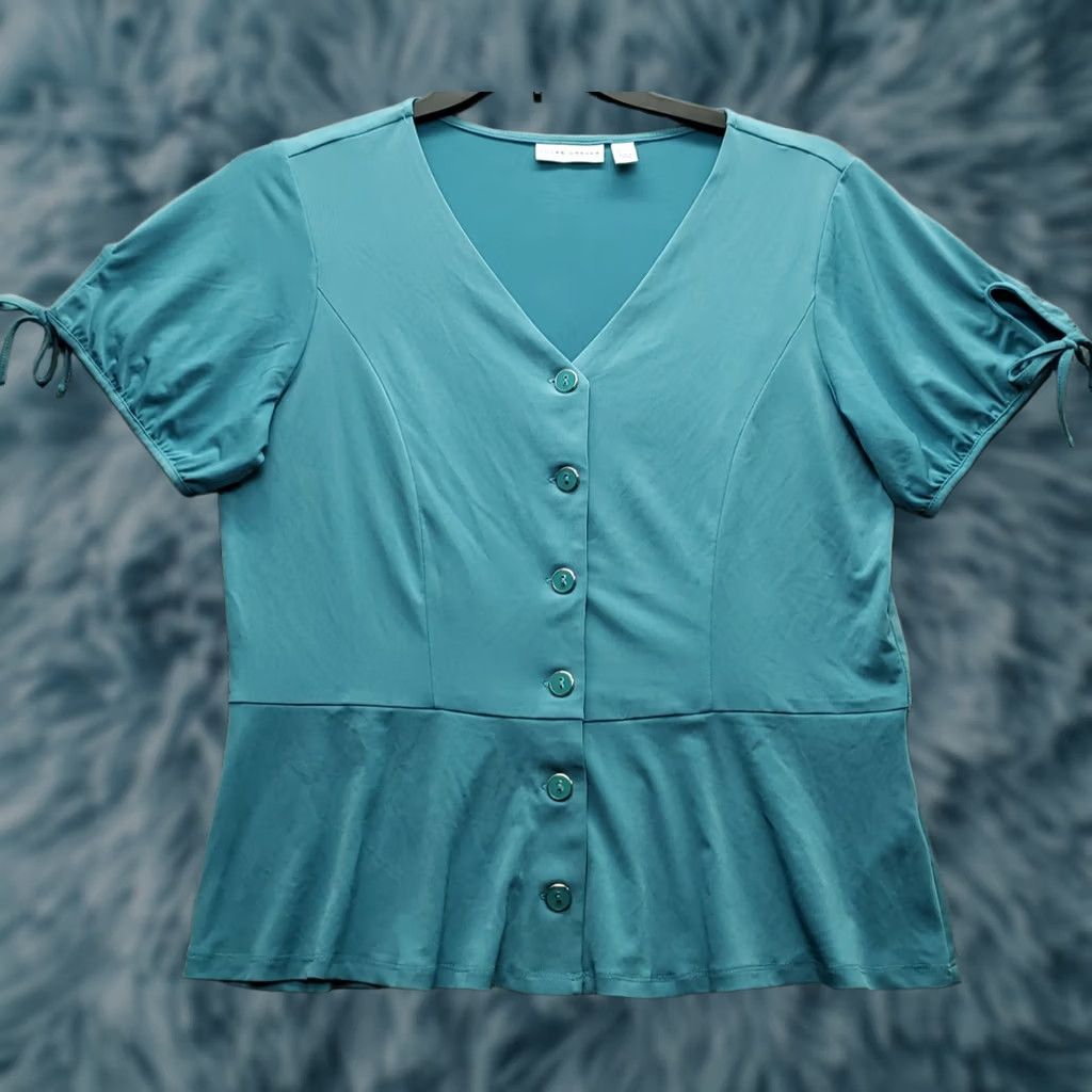Vintage Susan Graver Blouse Womens Size M Green Stretch Tie Sleeve V-Neck Button-Front Size M / US 6-8 / IT 42-44 - 1 Thumbnail