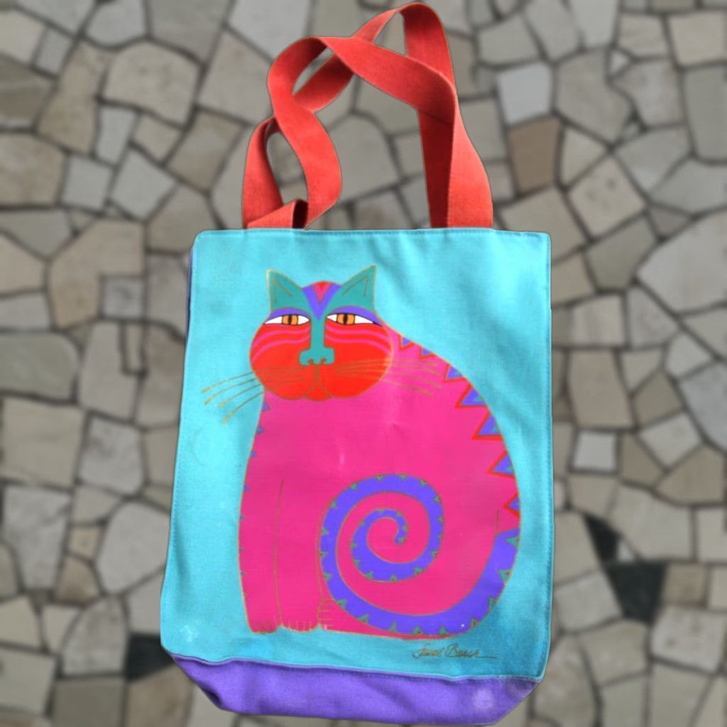 Vintage Blue Cat Laurel Burch Canvas Shopping Art Retro Cat Tote Bag Handbag in White, Women's