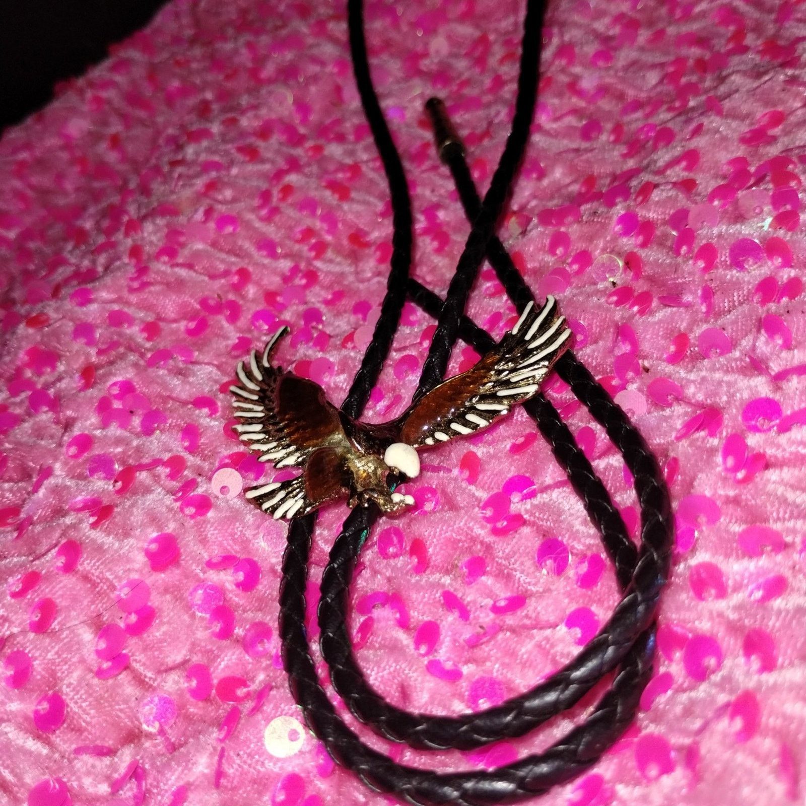 Handmade Old vintage 1960s enameled eagle bolo tie on leather cord Size ONE SIZE - 1 Thumbnail