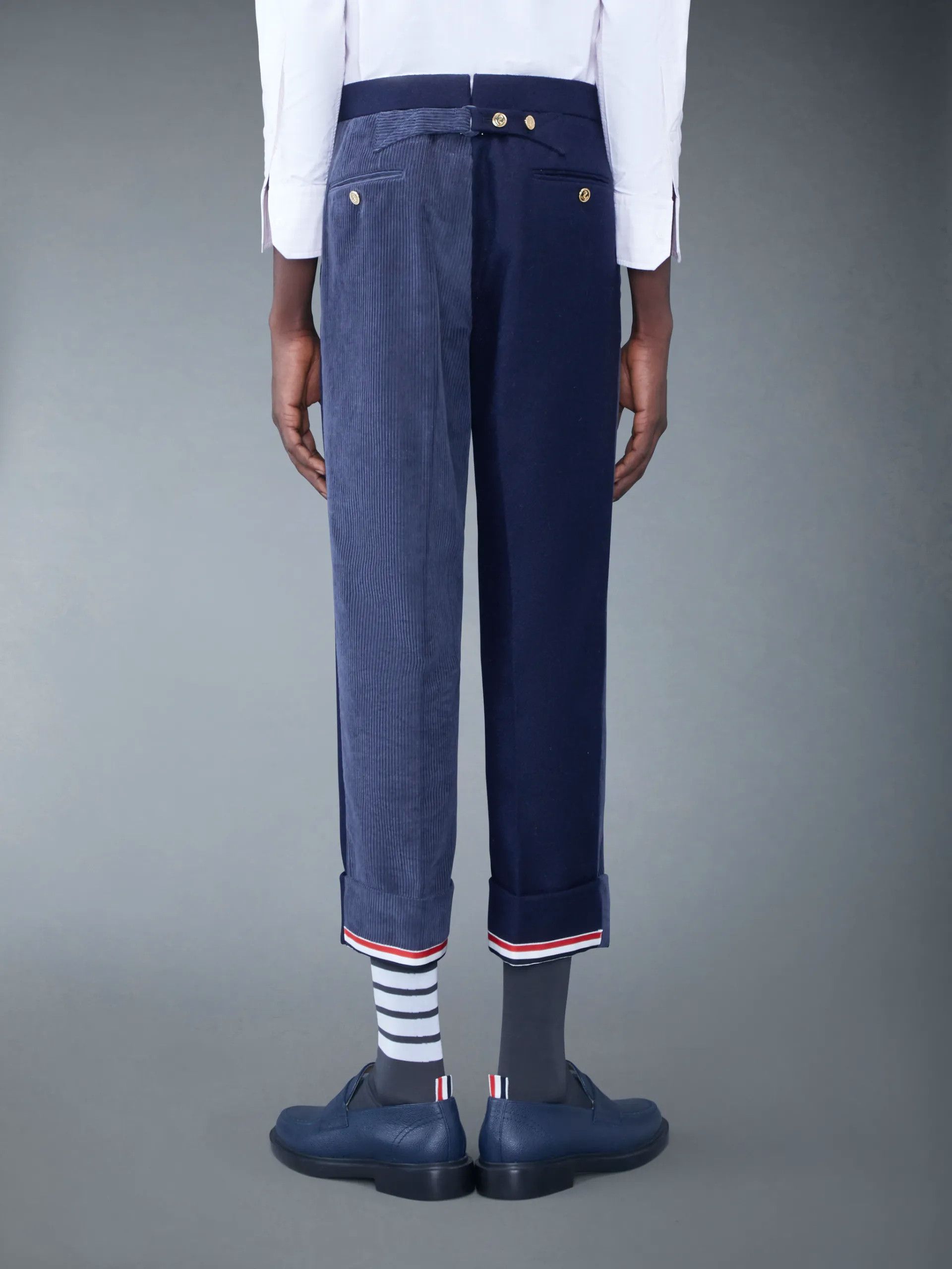 THOM BROWNE Fun-Mix blue wool & corduroy backstrap pants