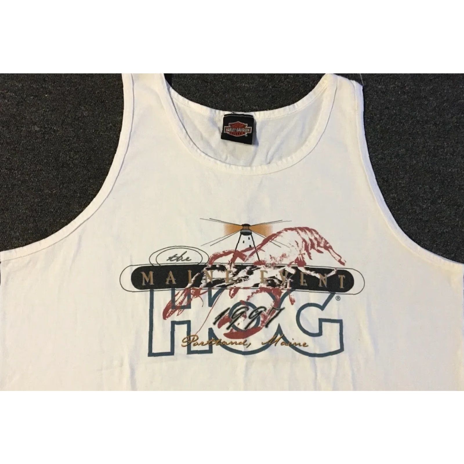 Harley Davidson VINTAGE Harley Davidson T-Shirt 2XL White Slim Tailored Tank Top Men 90s Grunge Biker USA Portland Maine Event Rhode Island? Size US XXL / EU 58 / 5 - 7 Thumbnail