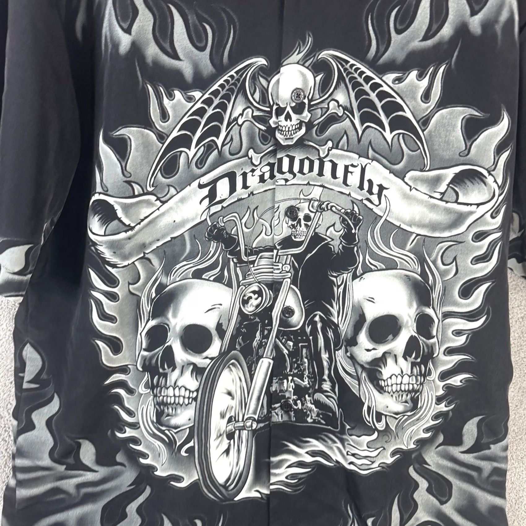 Vintage Dragonfly Roadhouse Shirt Mens 2XL Black Graphic Print Biker Skull Flames Short Sleeve Button-Up Camp Shirt Size US XXL / EU 58 / 5 - 2 Thumbnail