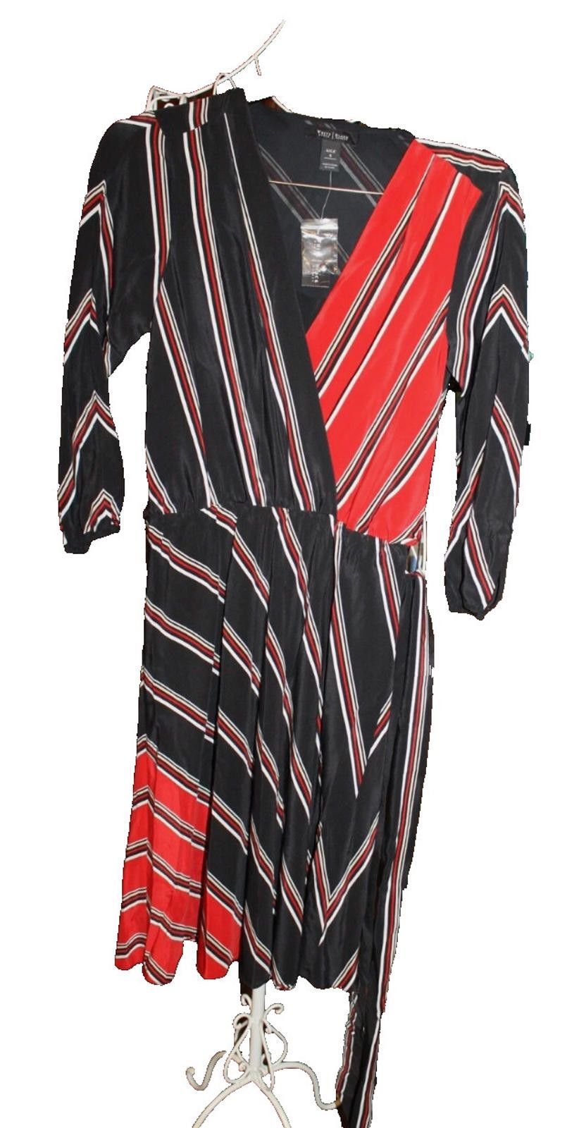 Other WHBM 100% Silk Faux Wrap Dress Red Black Stripe Long Sleeve Size S / US 4 / IT 40 - 1 Thumbnail