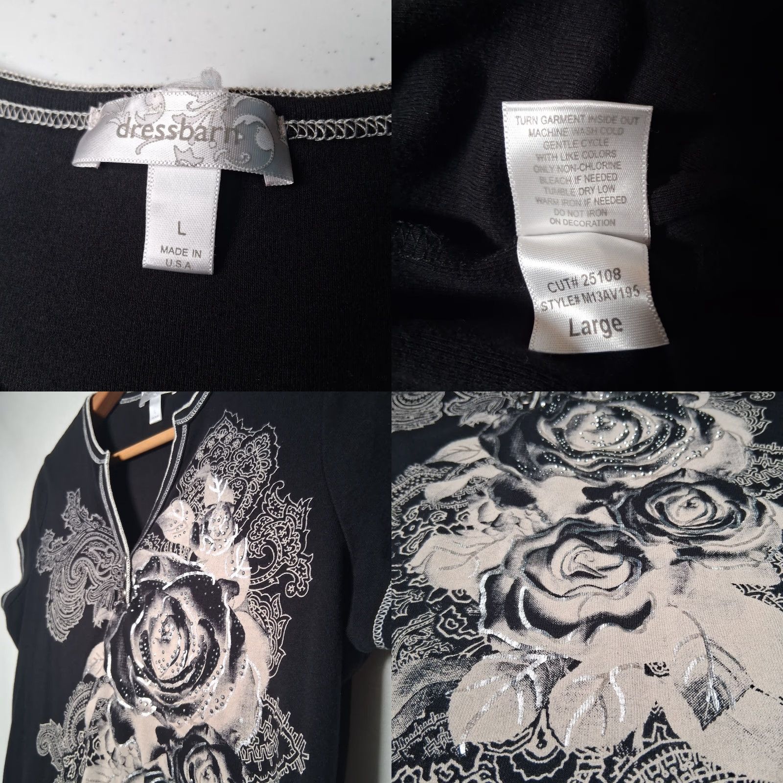 Vintage VINTAGE Dressbarn Shirt Women L Black Cap Sleeve Studded Rose Y2K Floral Silver V-neck Slim Size L / US 10 / IT 46 - 8 Thumbnail