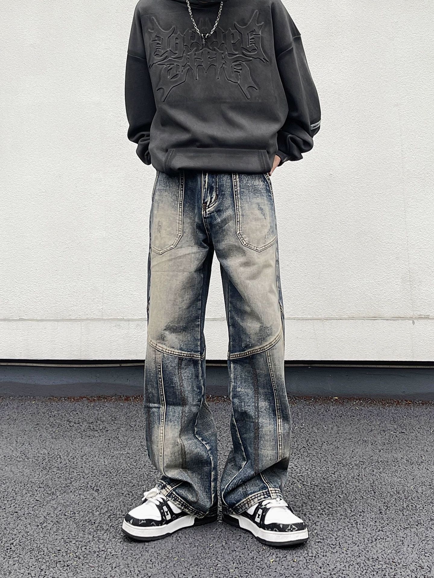 Japanese Brand Street American retro men's loose wide-leg patchwork jeans Size US 32 / EU 48 - 3 Thumbnail