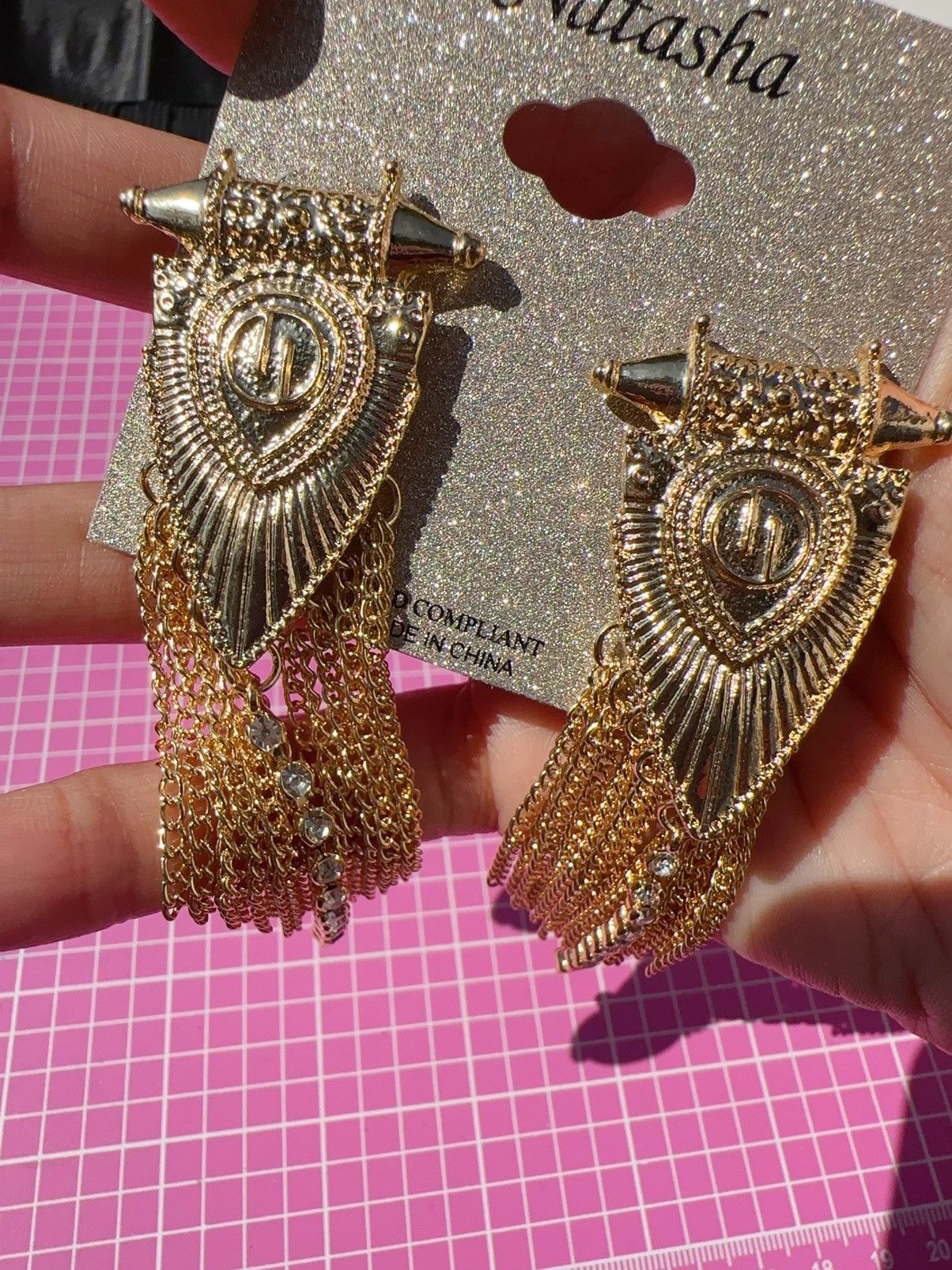 Designer Natasha gold tone arrow head tassels diamonds earrings Size ONE SIZE - 3 Thumbnail