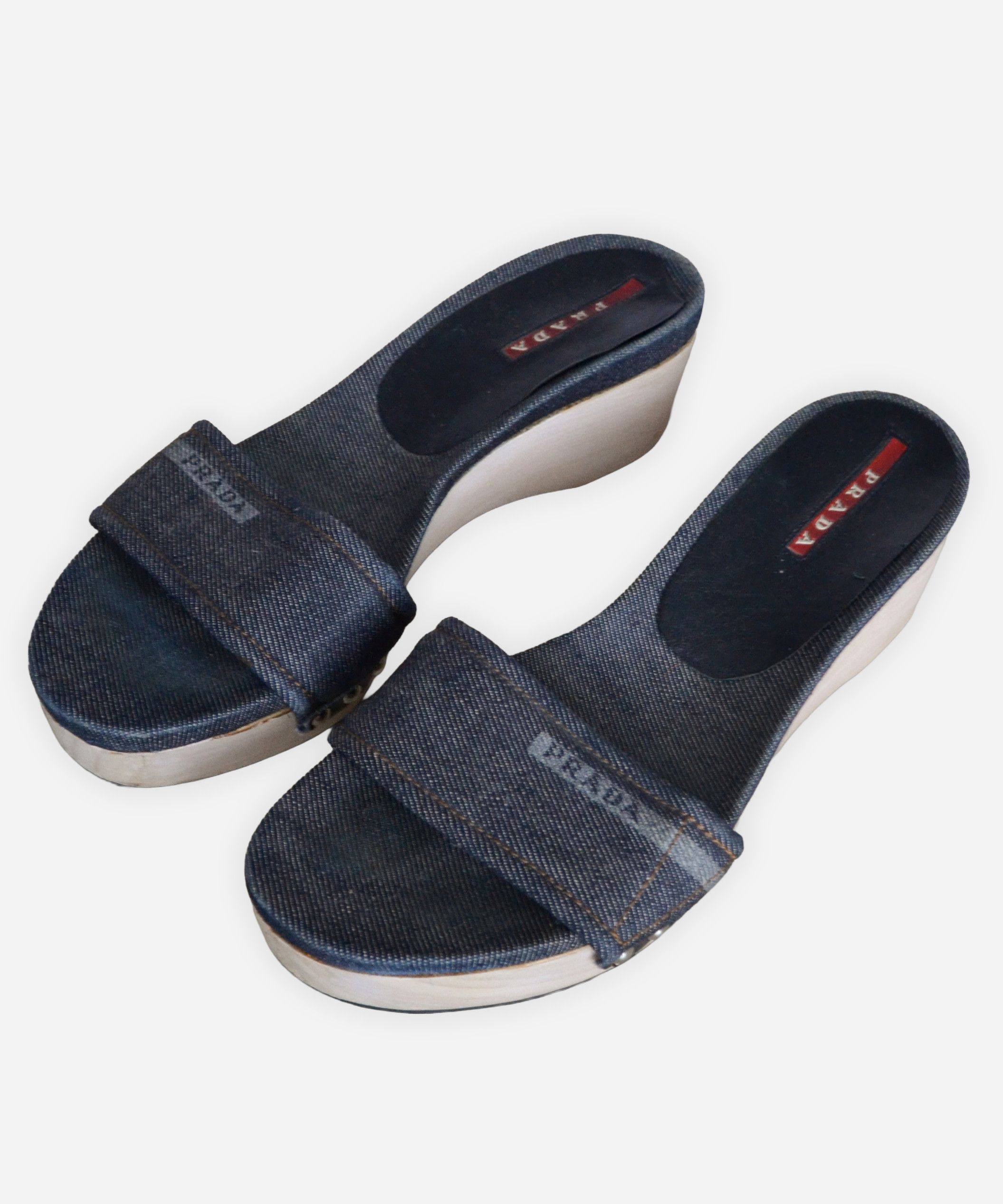 Prada PRADA Slides Slippers Wedge Sandals Blue Logo Denim 90s Size US 6 / IT 36 - 3 Thumbnail