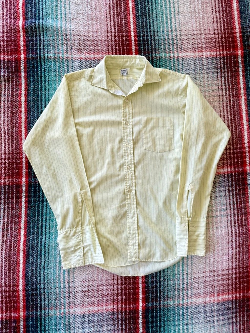 Vintage 50s Yellow/Green Stripe French Cuff Dress Shirt L Size L / US 10 / IT 46 - 1 Thumbnail
