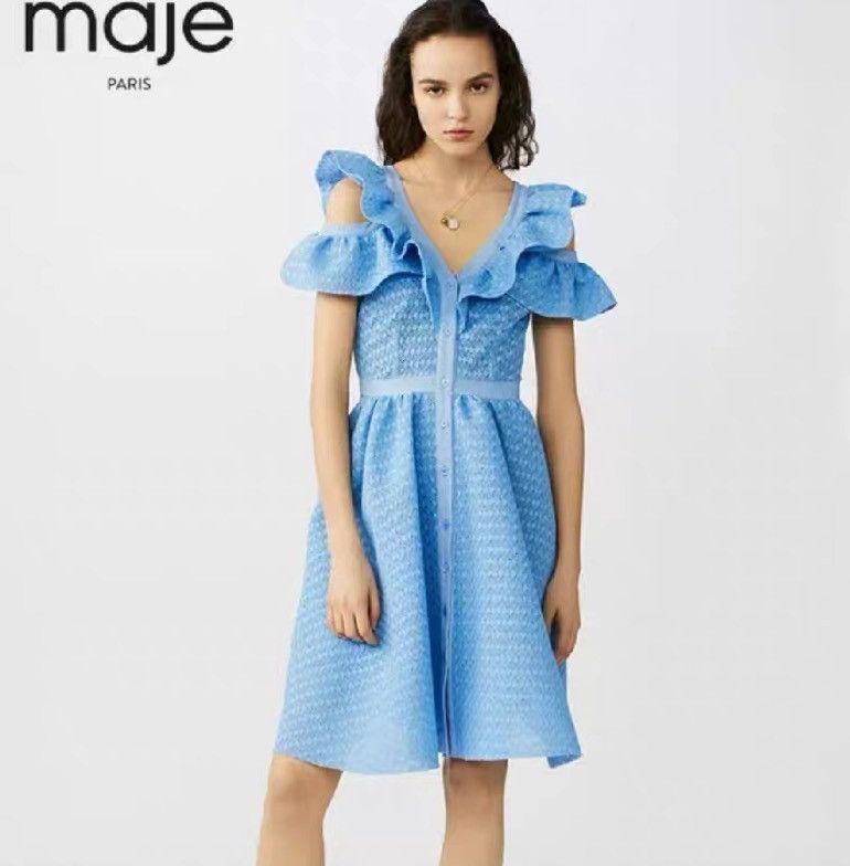 Maje Maje Blue V-neck Off-shoulder Ruffled Dress K26WX Size S / US 4 / IT 40 - 8 Thumbnail