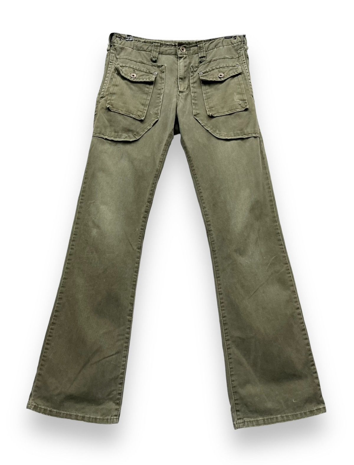 Edwin Vtg EDWIN 505 KHAKI Bush Pants Natural Distressed Flare💥 Size US 30 / EU 46 - 2 Thumbnail
