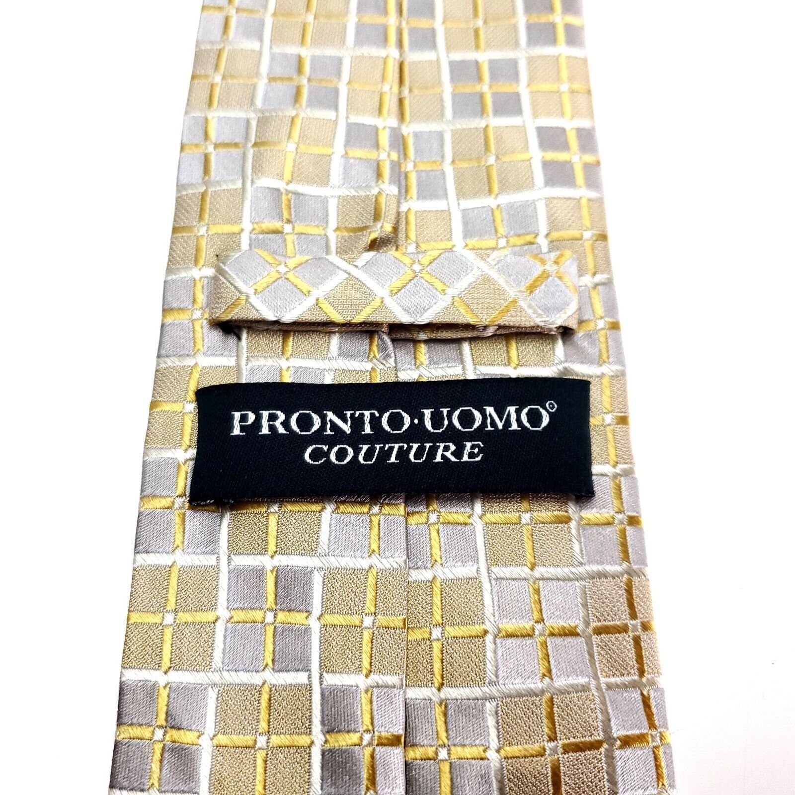 Pronto Uomo Pronto Uomo Couture Silk Tie Woven Yellow Gray Checker Board Size ONE SIZE - 3 Thumbnail