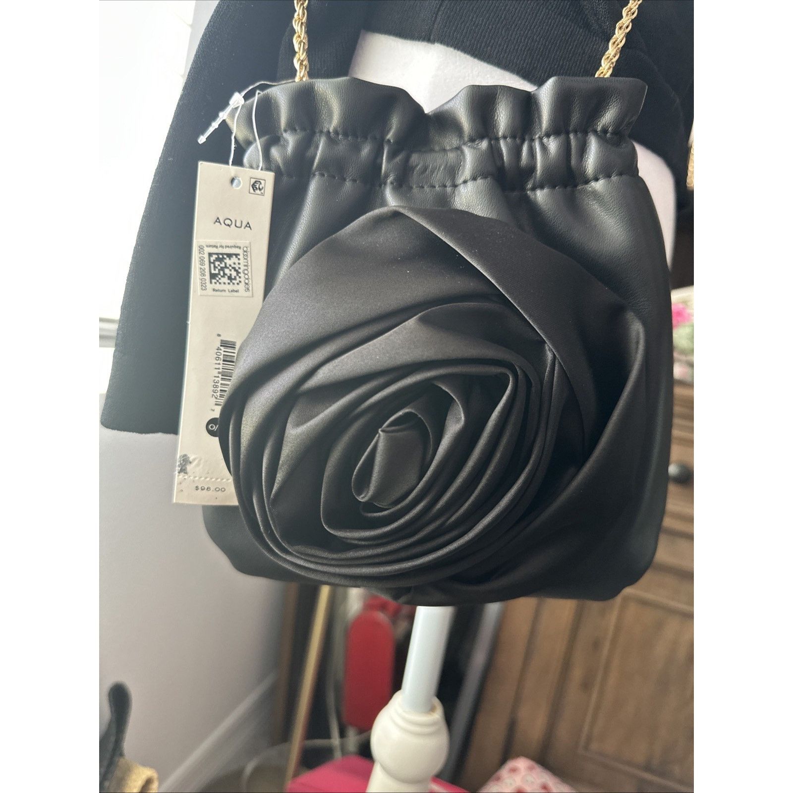 Bloomingdales Aqua Rosette Crossbody Bucket Bag - Exclusive $98 NWT New in Black, Women's