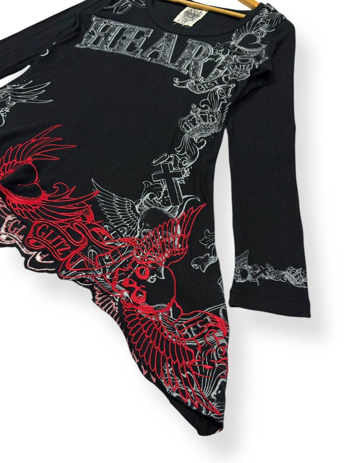 If Six Was Nine Glitz Red Embroidery Asymmetrical Hem Punk Long Sleeve Tees Size US XS / EU 42 / 0 - 10 Thumbnail