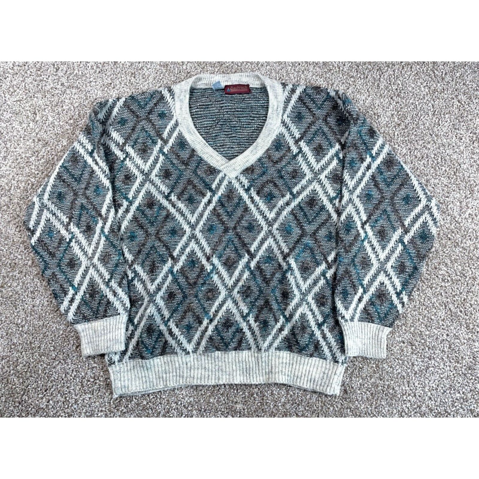 Vintage VTG 80s Diamond Pattern V-Neck Sweater Bachrach Men's XL Gray Pullover Knit Wool Size US XL / EU 56 / 4 - 2 Thumbnail