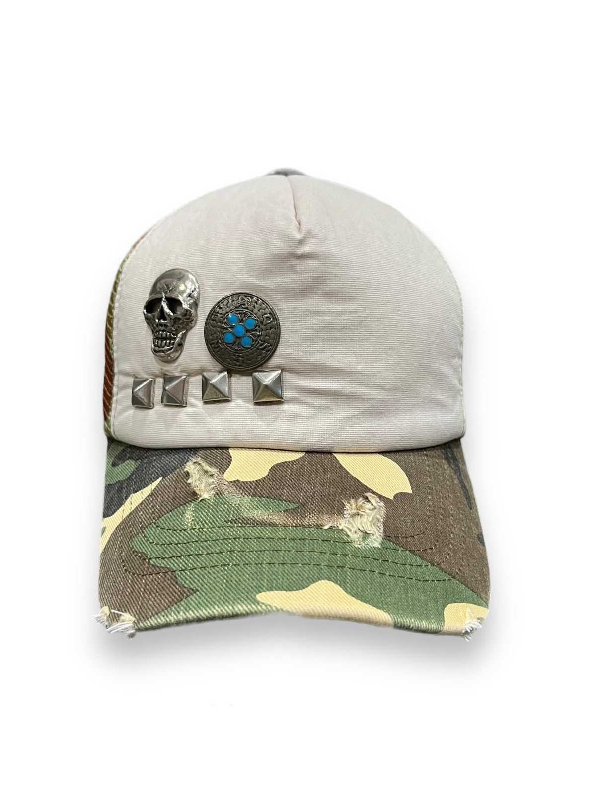 Vintage 🔥Vtg Studded Skull Distressed Army Camouflage Trucker Hat Size ONE SIZE - 4 Thumbnail