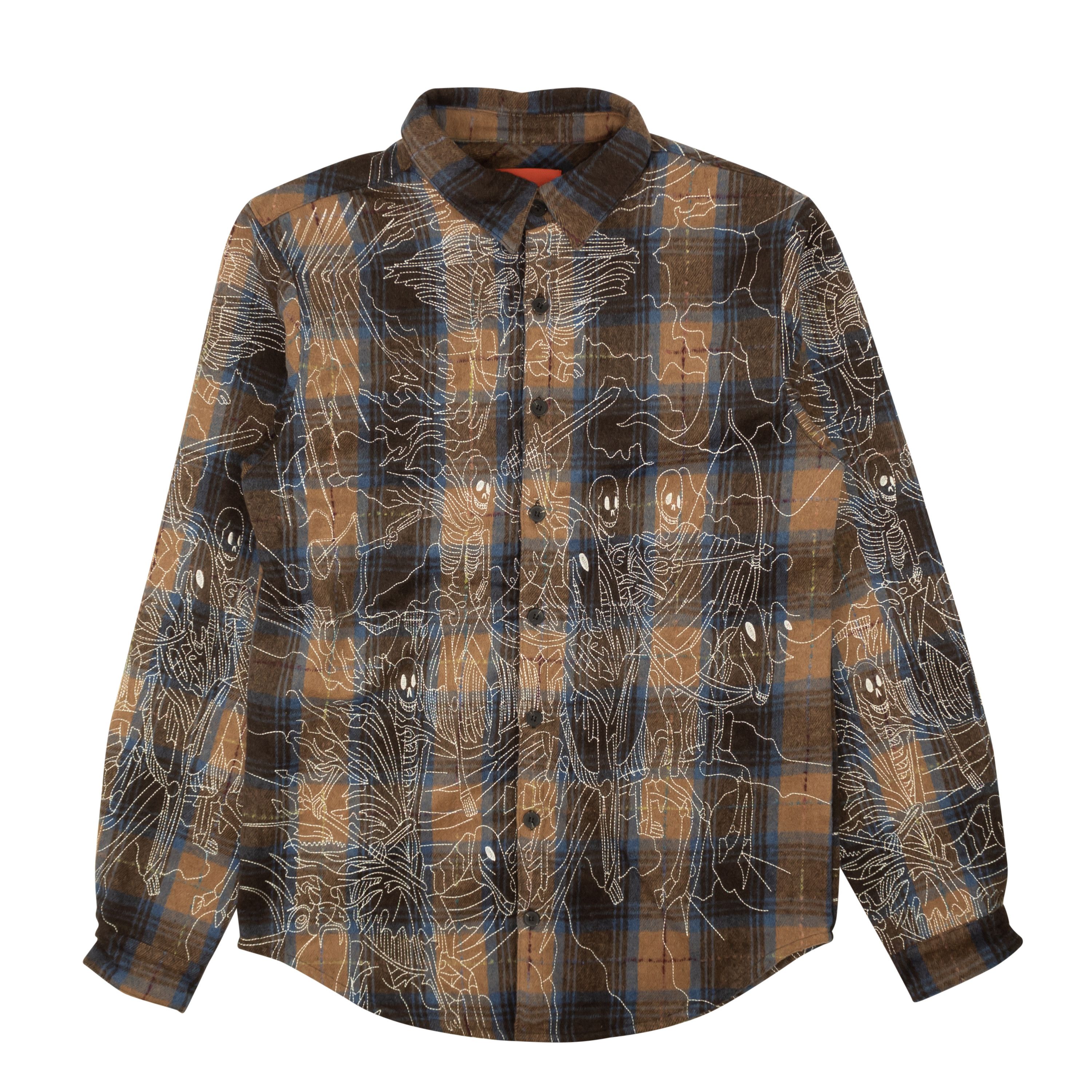 image of Who Decides War Brown Horsemen Embroidered Flannel Overshirt Size S, Men's