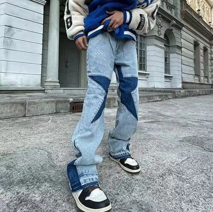 image of Stars Letter Embroidery Patchwork Straight Flare Jeans in Blue, Men's (Size 28)