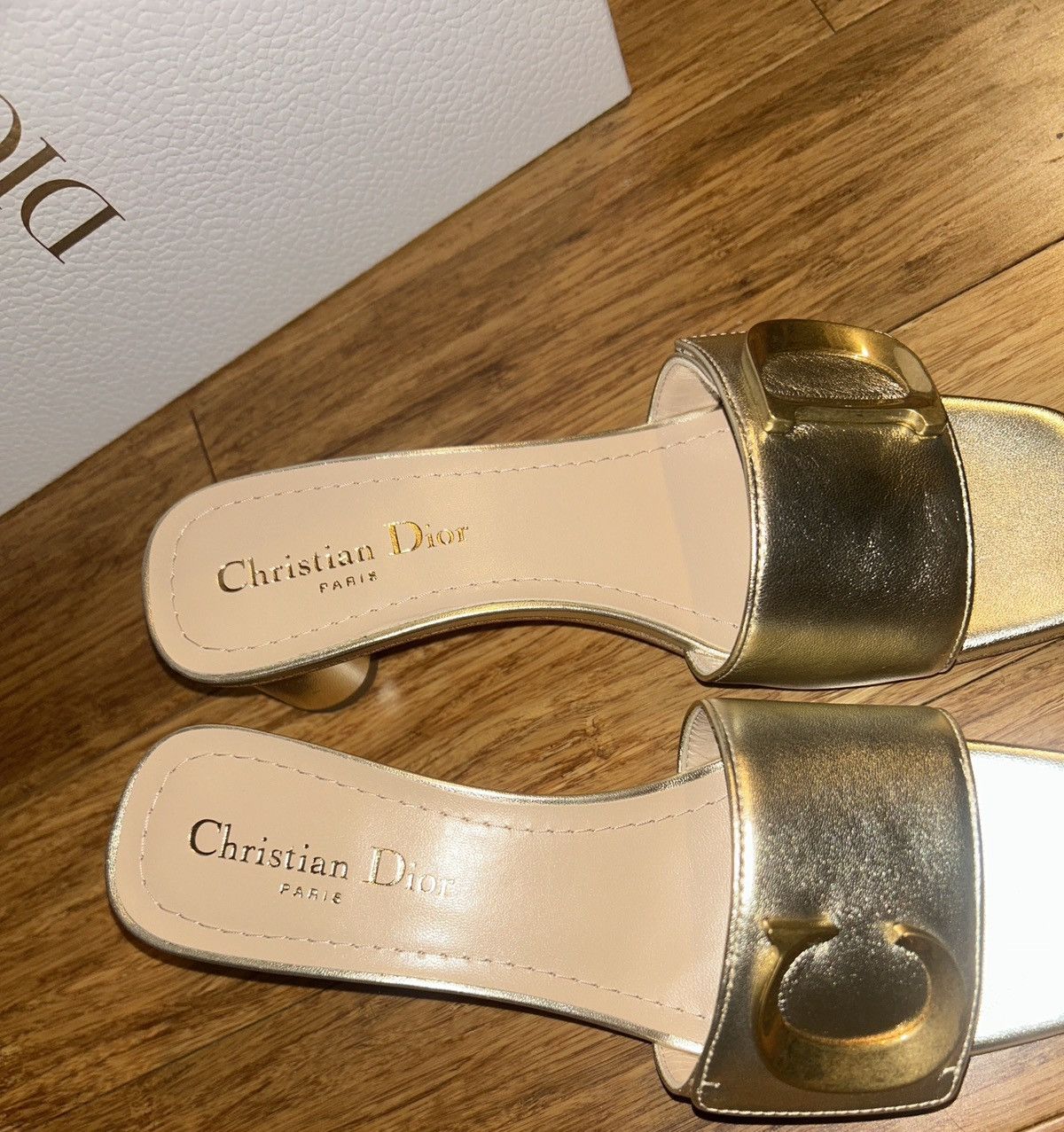 Dior DIOR OR C'EST DIOR HEELED SLIDE Gold-Tone Laminated Lambskin Size US 7 / IT 37 - 7 Thumbnail