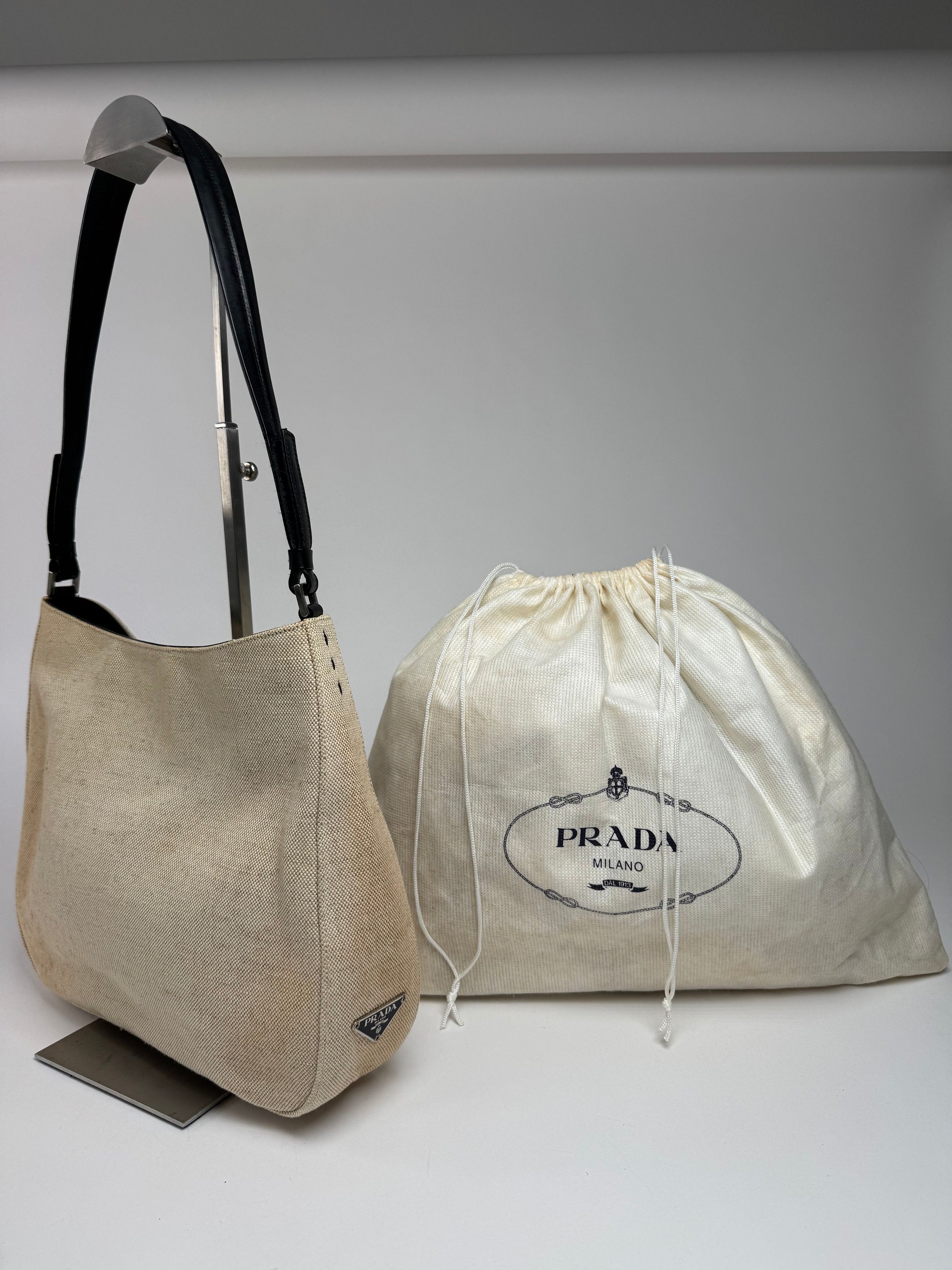 Prada Vintage Cleo Canvas Leather Bag Beige Black Size ONE SIZE - 1 Thumbnail