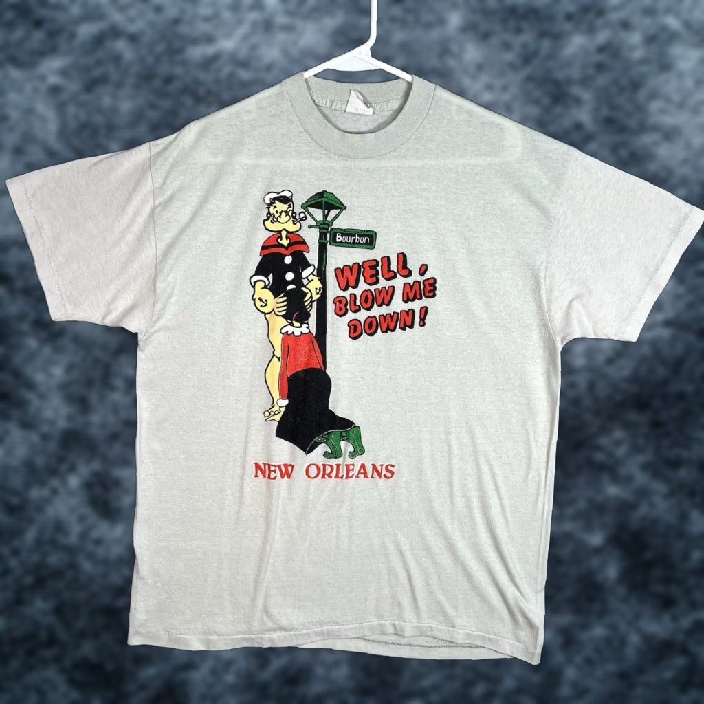 VINTAGE 1980s Touch Of Gold Graphic Tee T Shirt Adult XL Gray Men’s Popeye Blow Me Down Retro Sportswear