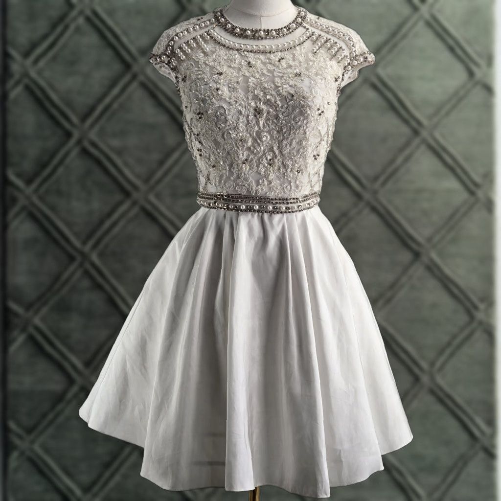 Vintage Sherri Hill Dress Womens 4 White Fit & Flare Short Beaded Floral Party/Cocktail Formal Women's Dress Cap Sleeve Lace Beaded Zipper Back Size 27" / US 4 / IT 40 - 1 Thumbnail