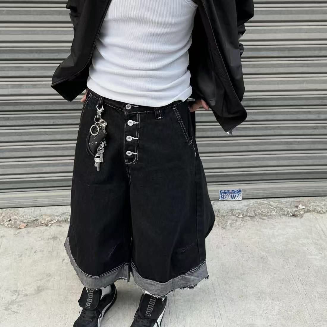Japanese Brand Retro Black Multi-pocket Exposed Raw Edge Cropped Jeans Size US 32 / EU 48 - 1 Thumbnail