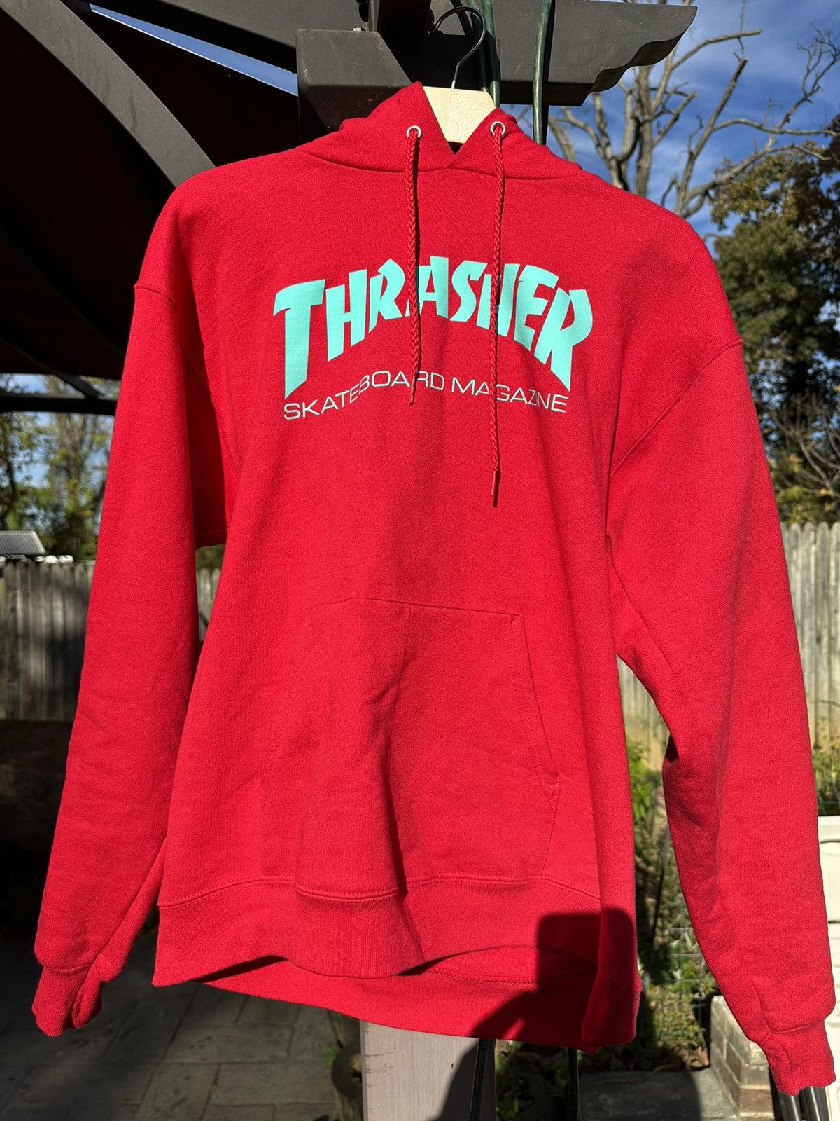 Red thrasher hoodie cheap with blue letters