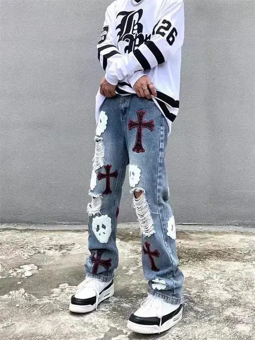 Japanese Brand High street heavy embroidered ripped straight jeans Size US 32 / EU 48 - 5 Thumbnail