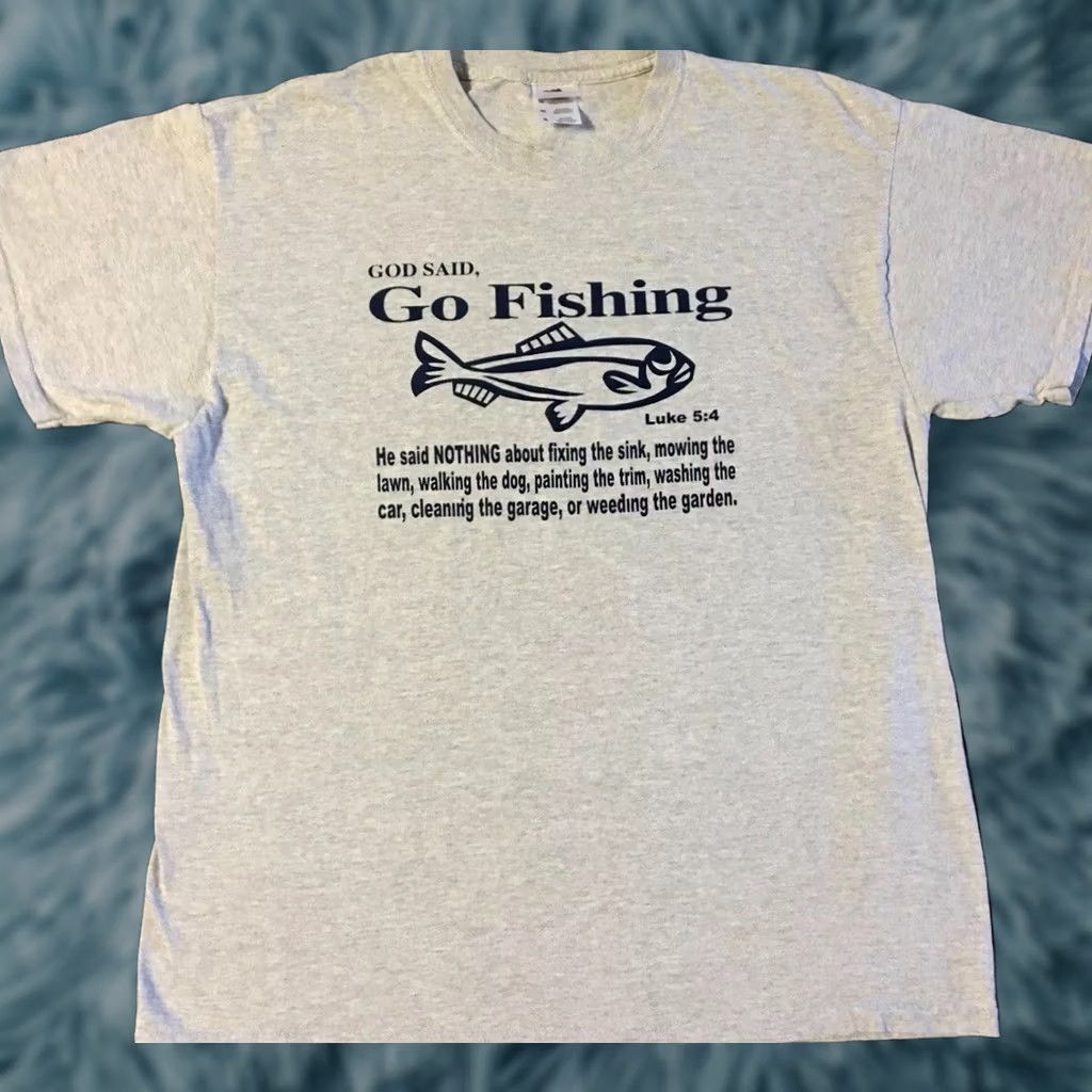 Vintage VINTAGE God Said Go Fishing Not Do Chores Faded Shirt XL Gray Mens T-Shirt Grunge 90s Y2K Funny Jesus Bible Christianity Religion Humor Saying Size US XL / EU 56 / 4 - 1 Thumbnail