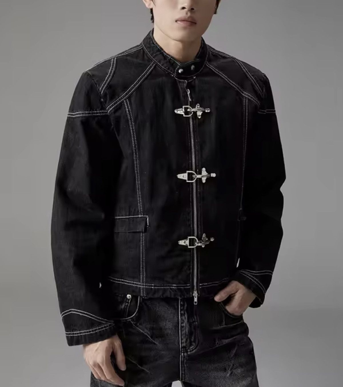 Black Denim Fireman Clip Jacket - Contrast Stitch Boxy