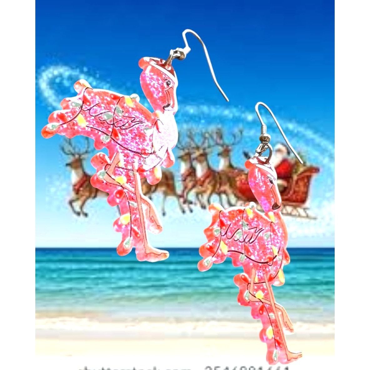 Handmade Christmas Flamingo Earrings New Santa Hat Holiday Lights Gli Size ONE SIZE - 7 Thumbnail