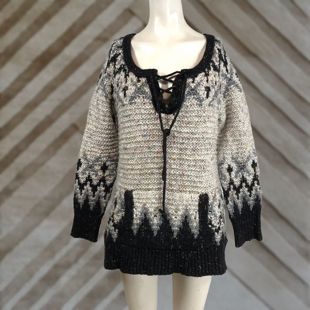 Free People Free People Fair Isle Lace-Up Chunky Knit Sweater Womens M Black Grey Cream Multicolor Casual Winter Sweater Size M / US 6-8 / IT 42-44 - 1 Thumbnail