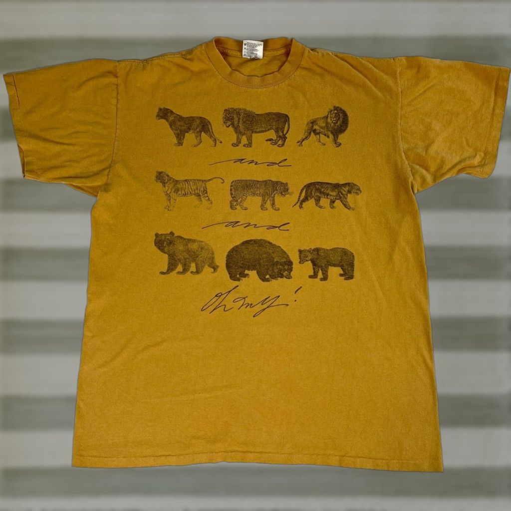 Vintage VINTAGE Oneita T-Shirt Mustard XL Lions and Tigers and Bears, Oh My! Men Graphic Print Nature 1990s Size US XL / EU 56 / 4 - 1 Thumbnail